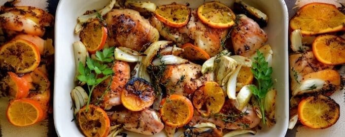 Grilled chicken salad with olives and oranges