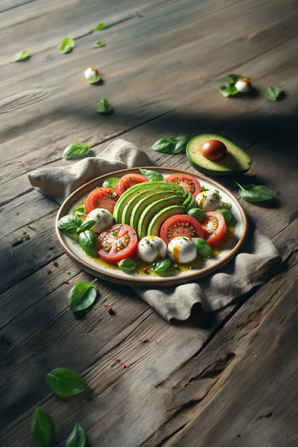 avocado caprese salad with mozzarella tomatoes and basil on plate
