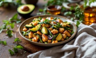 Avocado and chicken stir fry served with fresh vegetables