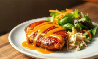 Smoky grilled BBQ chicken served with herbs and barbecue sauce
