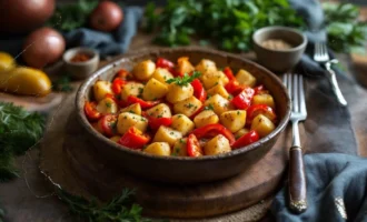 Chicken and bell pepper potato bake served with roasted vegetables
