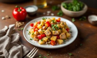 Chicken and bell pepper potato hash served in a skillet