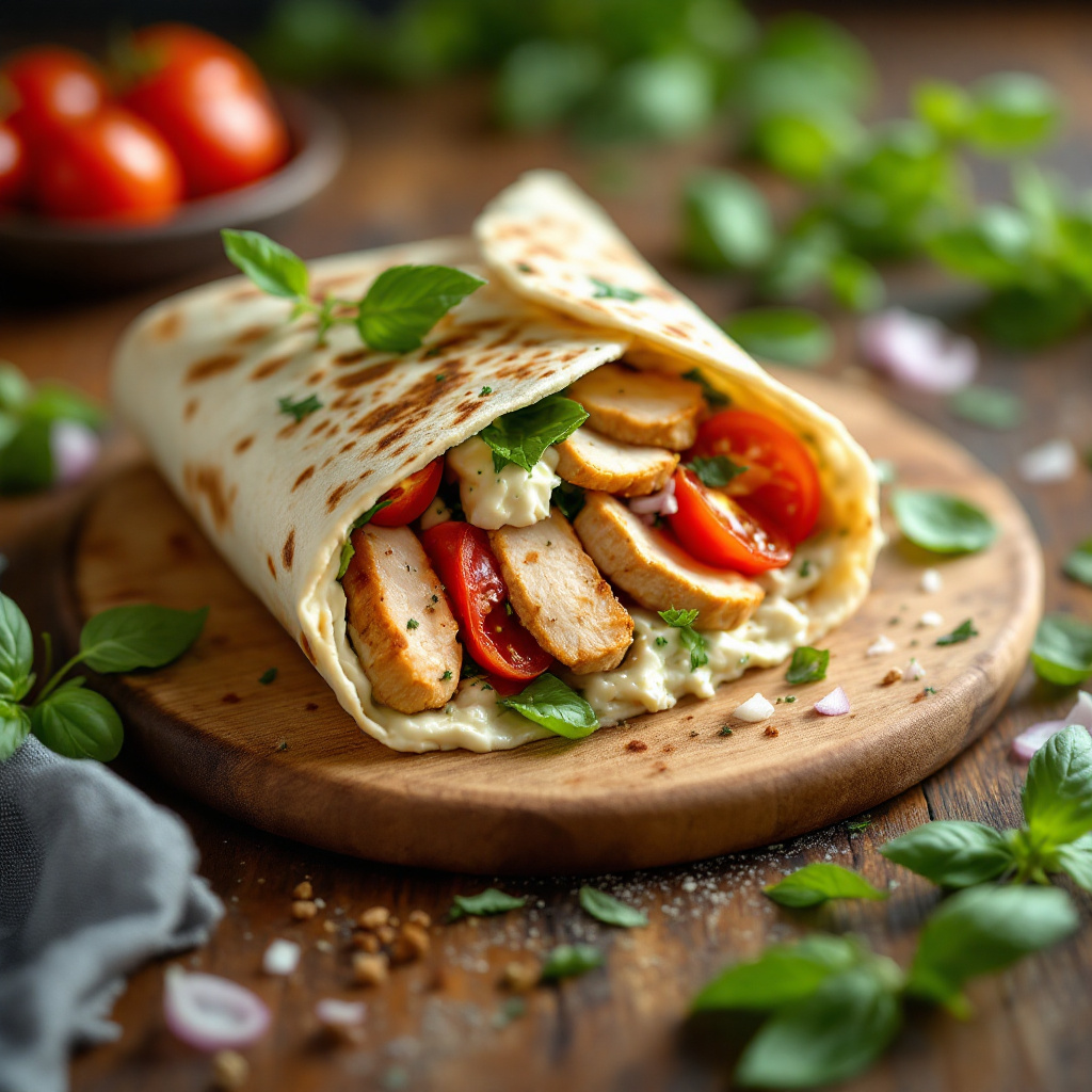 Chicken ricotta wrap with fresh vegetables served on a wooden board