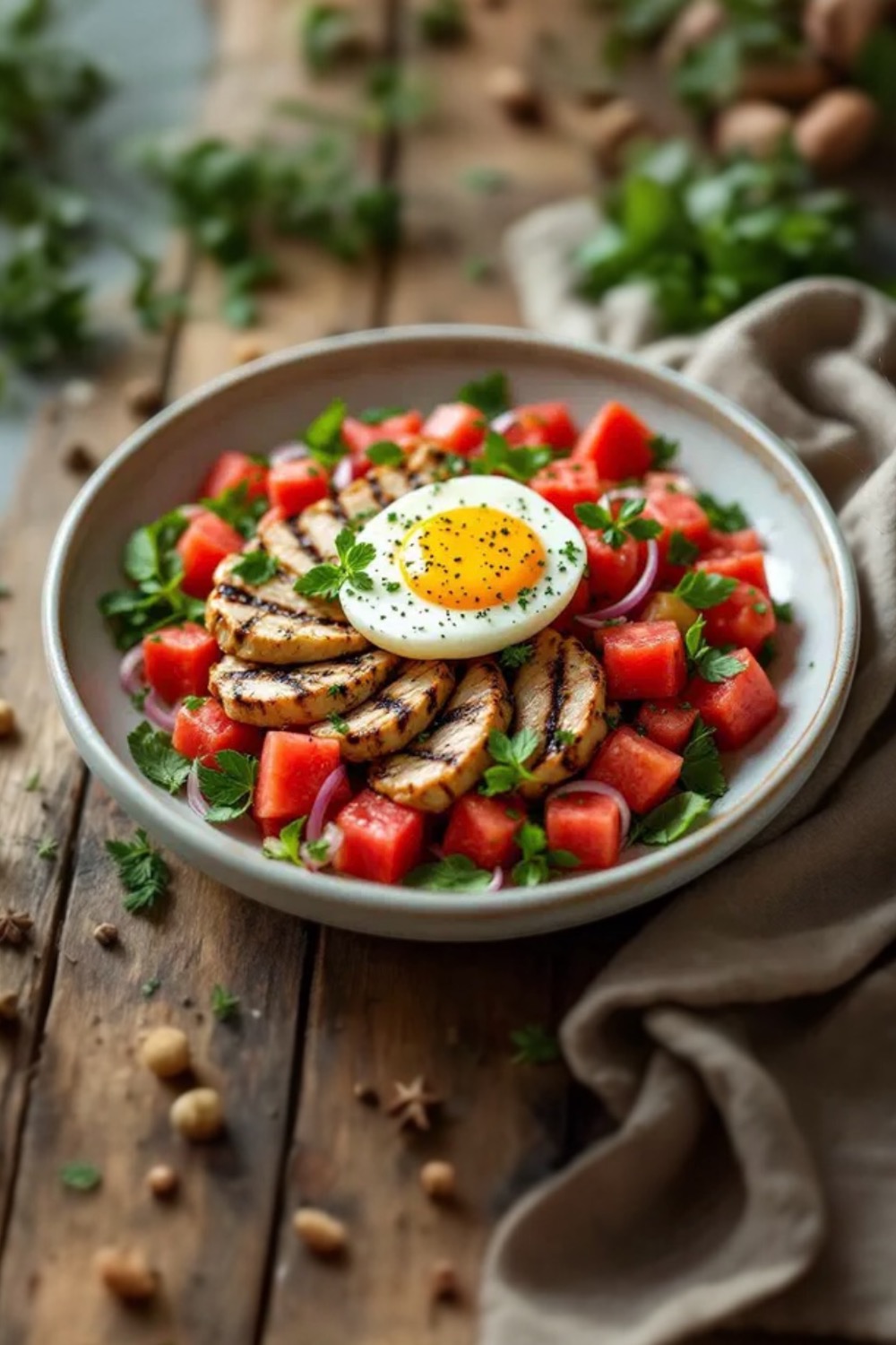 Fresh chicken and watermelon salad served in a bowl with herbs and lemon dressing