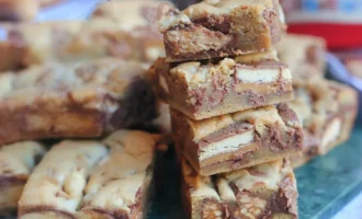 Homemade chocolate cookie bars cut into squares