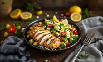 Lemon herb chicken served with avocado and cherry tomato salad
