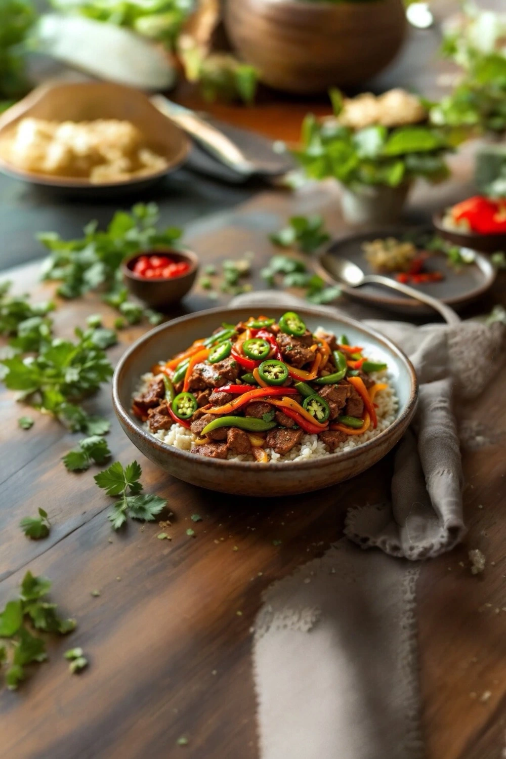 Mexican beef stir fry cooked in a skillet with colorful vegetables