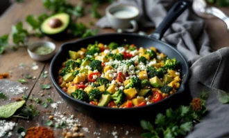 Mexican avocado scramble with eggs, vegetables, and fresh herbs