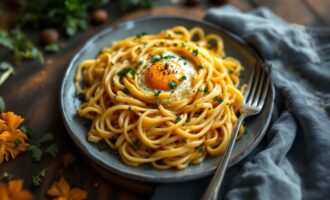 Vegetable pasta with egg served in a bowl