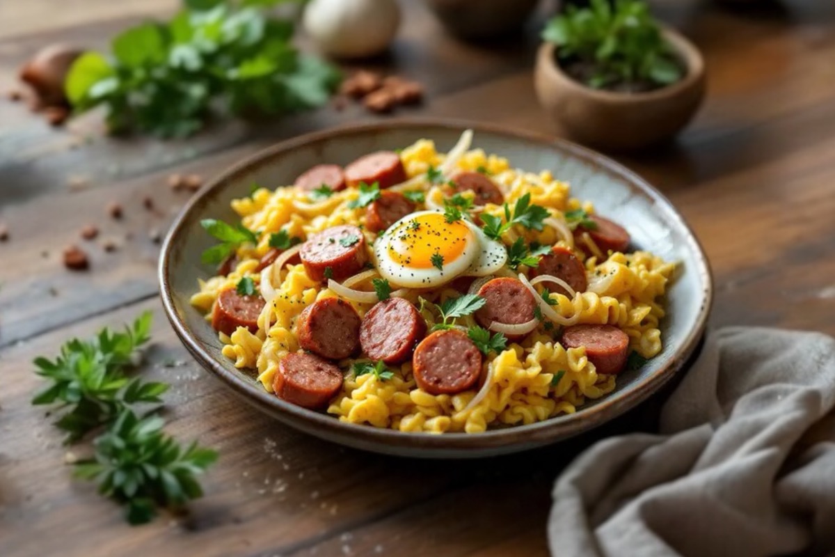 sausage and egg breakfast stir fry with vegetables in a bowl
