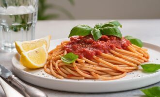 Tomato basil pasta served with fresh basil and parmesan cheese