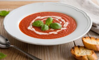 Homemade tomato soup served in a bowl with fresh basil