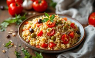 Tomato and olive rice served with fresh herbs