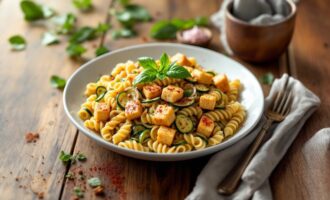 Zucchini and tofu pasta served in a bowl with herbs and garlic