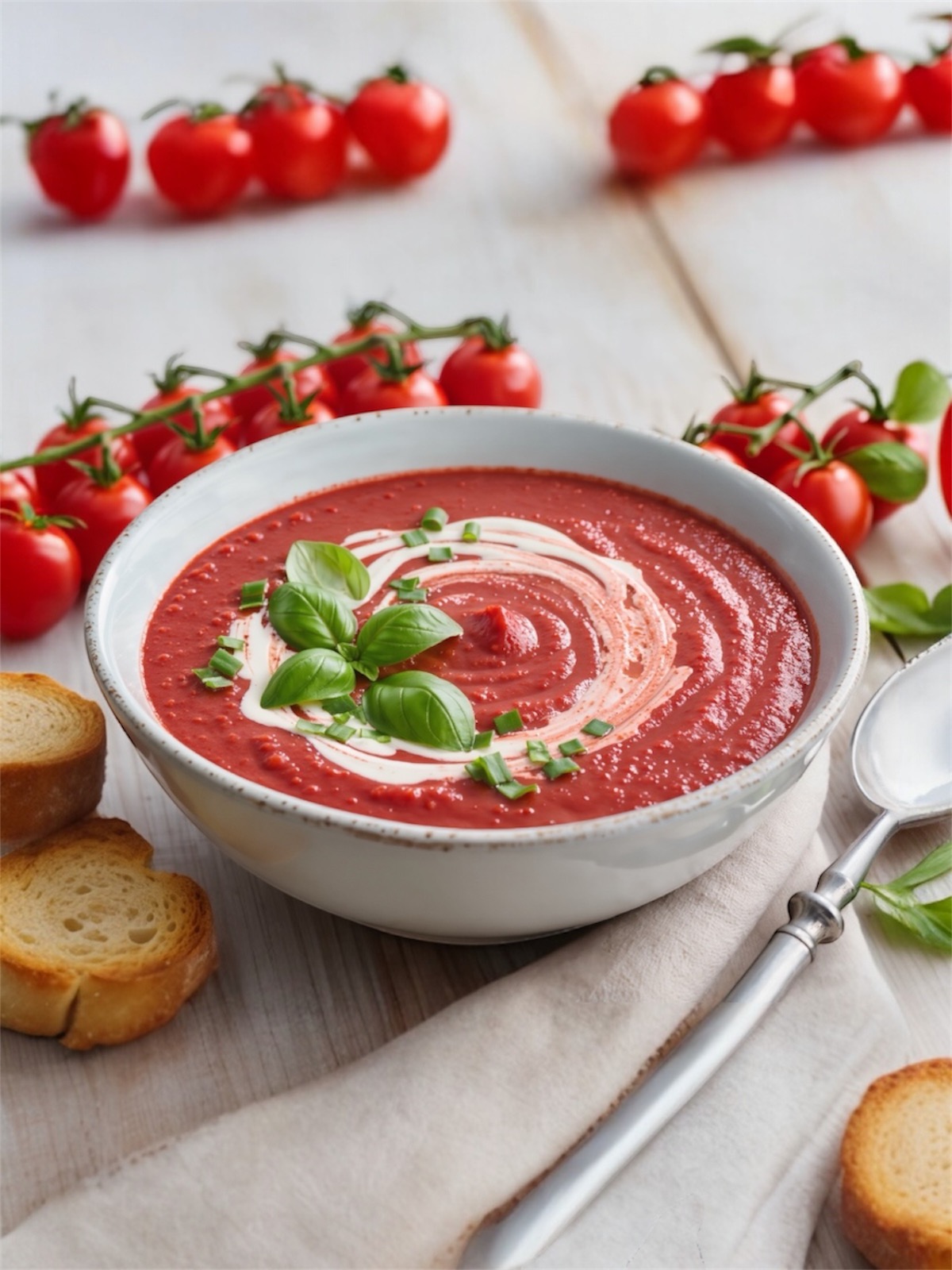 tomato soup recipe in a bowl with basil garnish